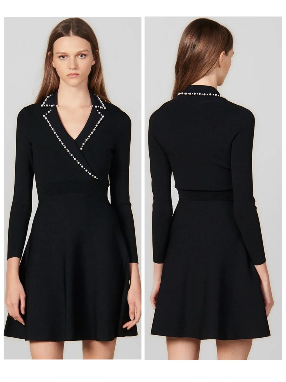 Sandro Paris Pearl Lapel Long Sleeve Fit & Flare Sweater Mini Dress - Black